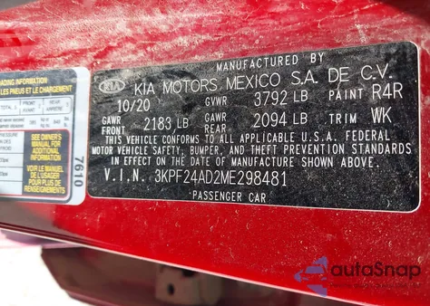 2021 Kia Forte Lxs z USA, uszkodzony, nr VIN 3KPF24AD2ME298481